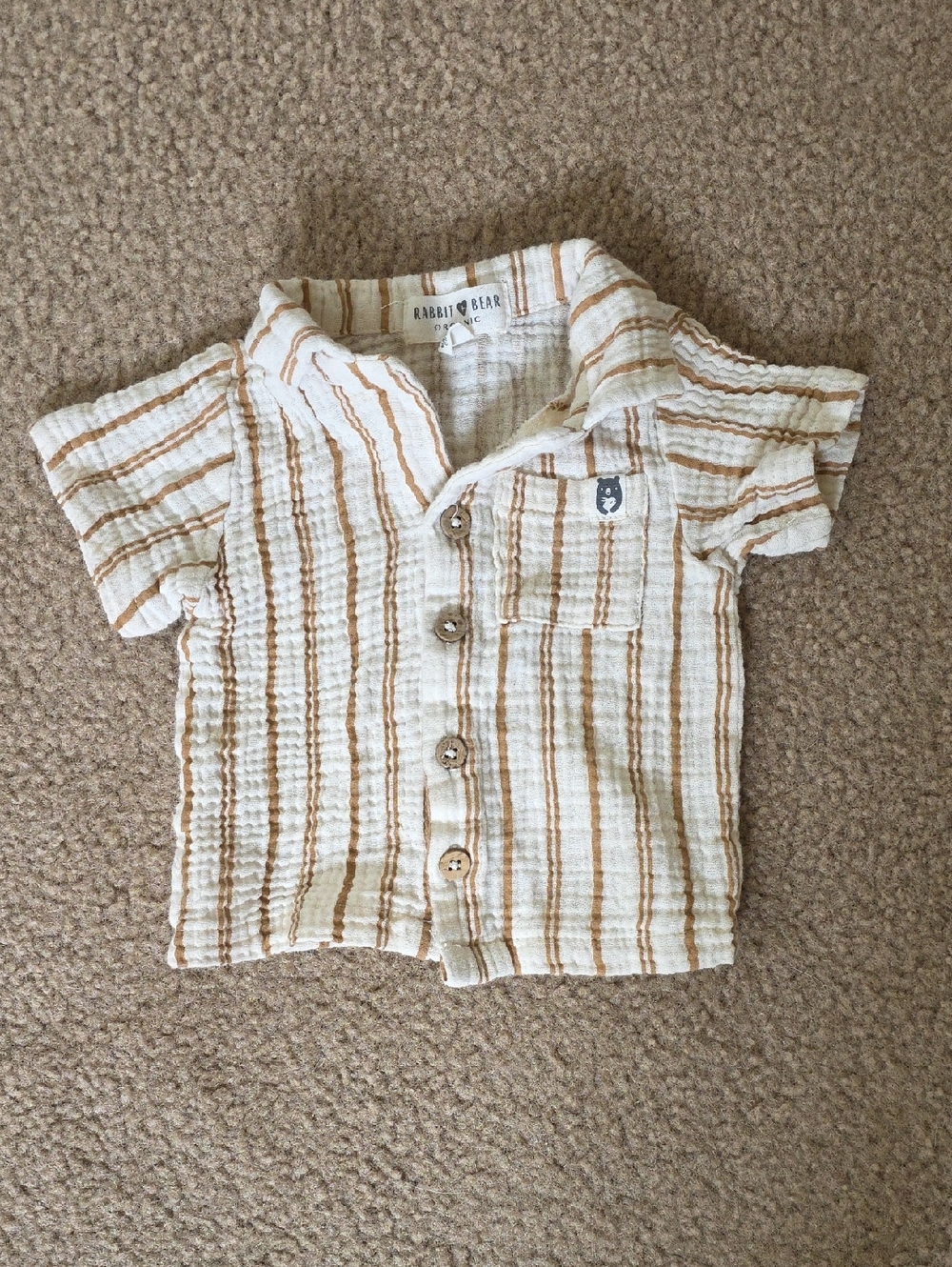 Rabbit + Bear Baby Organic Cotton Gauzey Neutral Stripe Button Down Shirt - 3-6M